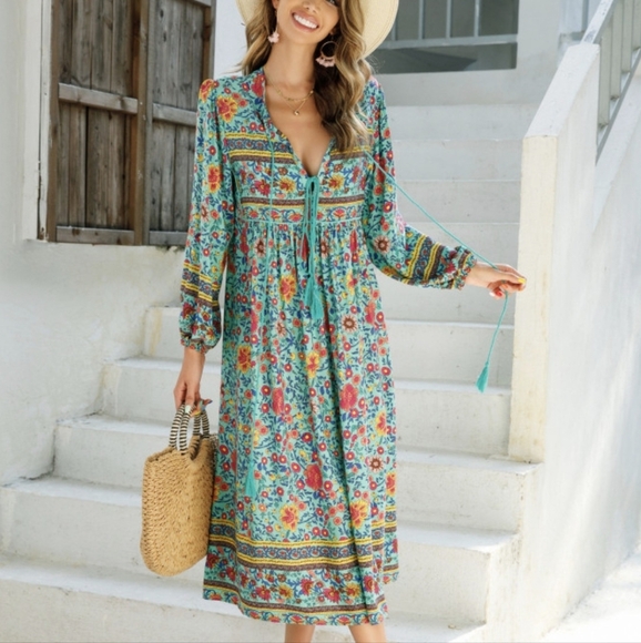 R. Vivimos Dresses & Skirts - XXS/XS R. Vivimos Turquoise Floral Long Sleeve Tassel Detail Midi/Maxi Dress